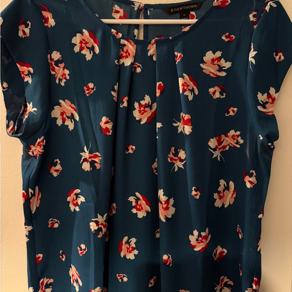41 Hawthorn Teal Floral Cap-Sleeve Blouse with Red & White Accents